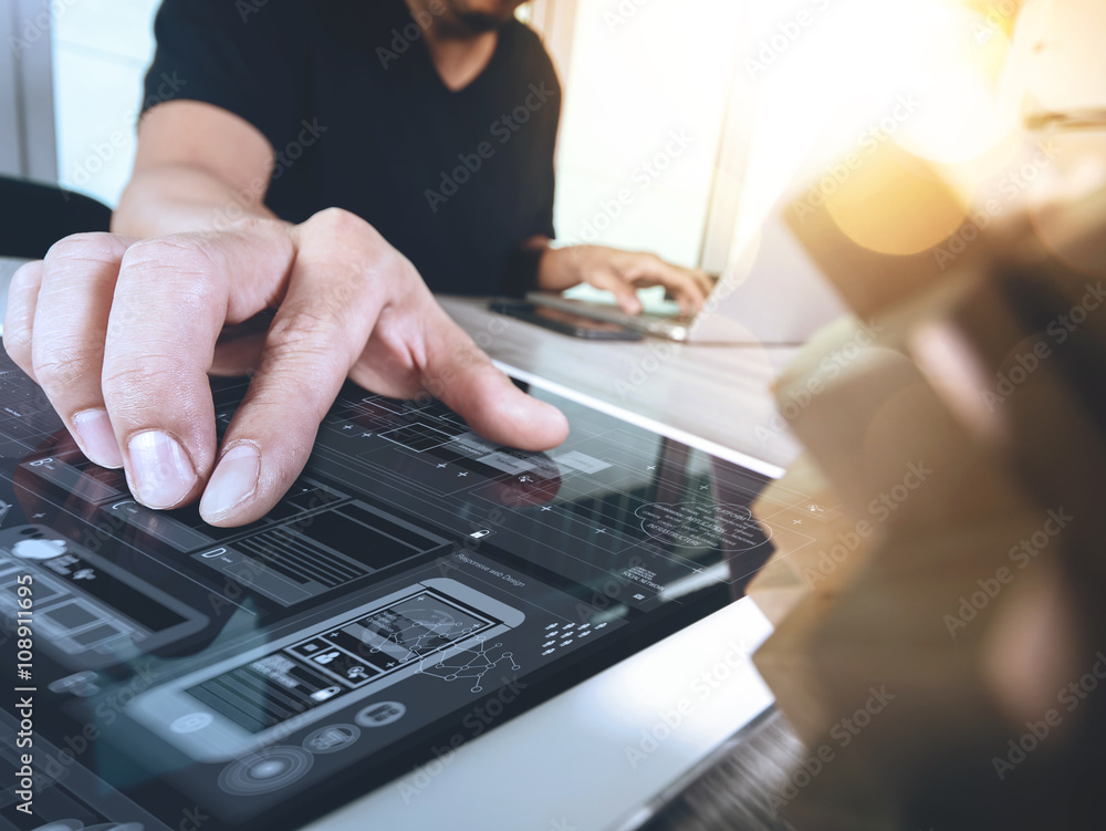 creative hand showing wood puzzle and smart phone with laptop co creative hand showing wood puzzle and smart phone with laptop co