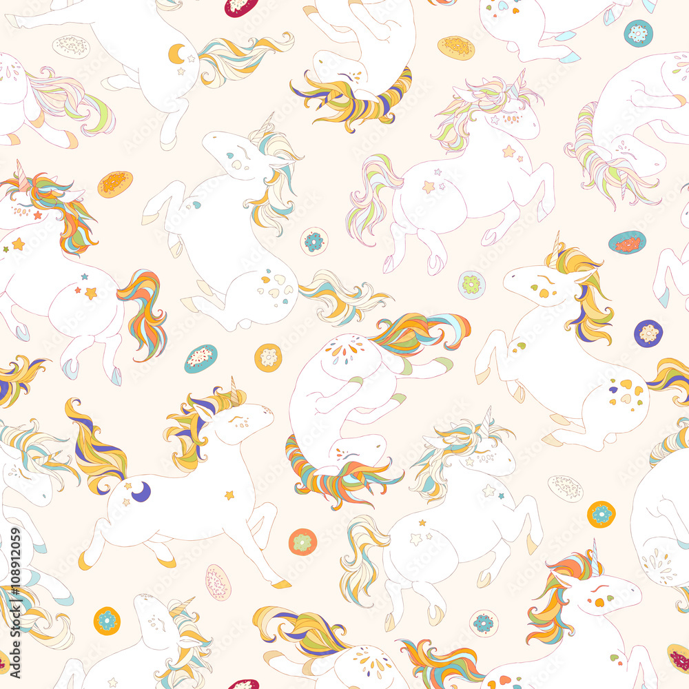 Seamless pattern with cute unicorns, stars, hearts, clouds, rainbow and cakes, donuts. Magic endless background with little unicorns. Hand drawn colorful vector illustration. Unicorns are separated.