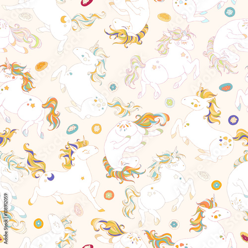 Seamless pattern with cute unicorns, stars, hearts, clouds, rainbow and cakes, donuts. Magic endless background with little unicorns. Hand drawn colorful vector illustration. Unicorns are separated.