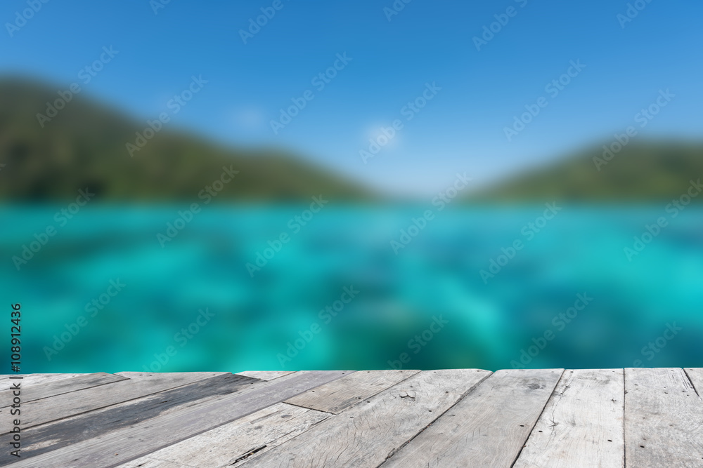 Wood floor top on blue sea background