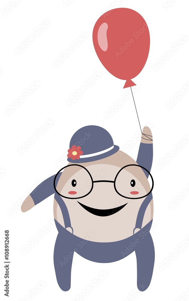 Happy stylized spectacled man with balloon isolated on white