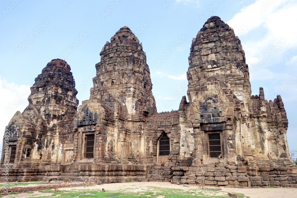 Phra Prang Sam Yod ,Lopburi, Thailand. The compound comprises three prangs linked to one another. It was made of laterite and decorated with beautiful stucco relief, Bayon style of Khmer art.