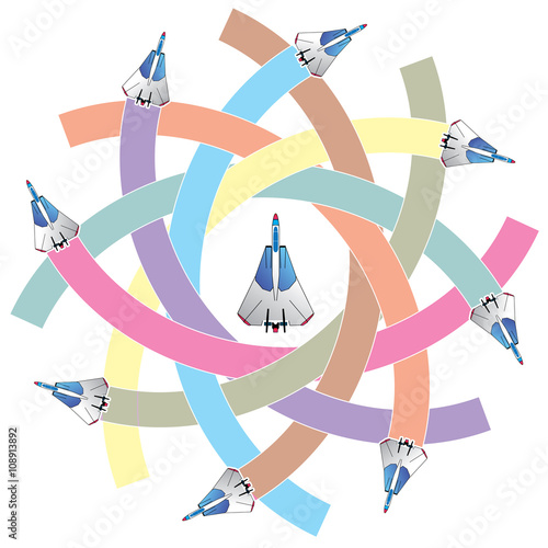 Fighter plane icon flying and blank color curved trajectory stripe for your text or your advice in vector style