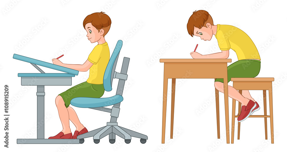 Student boy writing. Incorrect and correct back sitting position