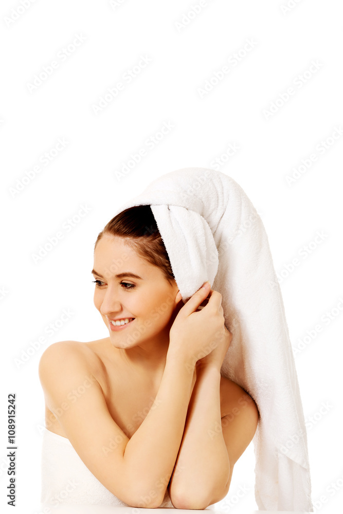Relaxed woman with towel on head Relaxed woman with towel on head