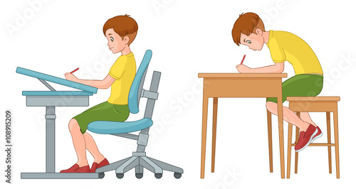 Student boy writing. Incorrect and correct back sitting position. Vector illustration isolated on white background.