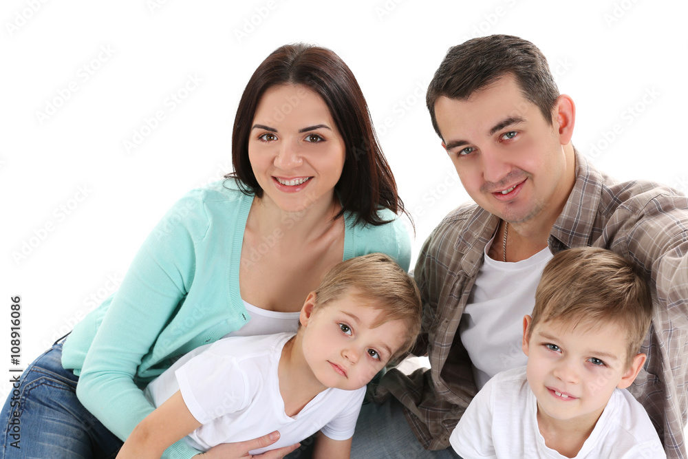 Happy family making selfie isolated on white