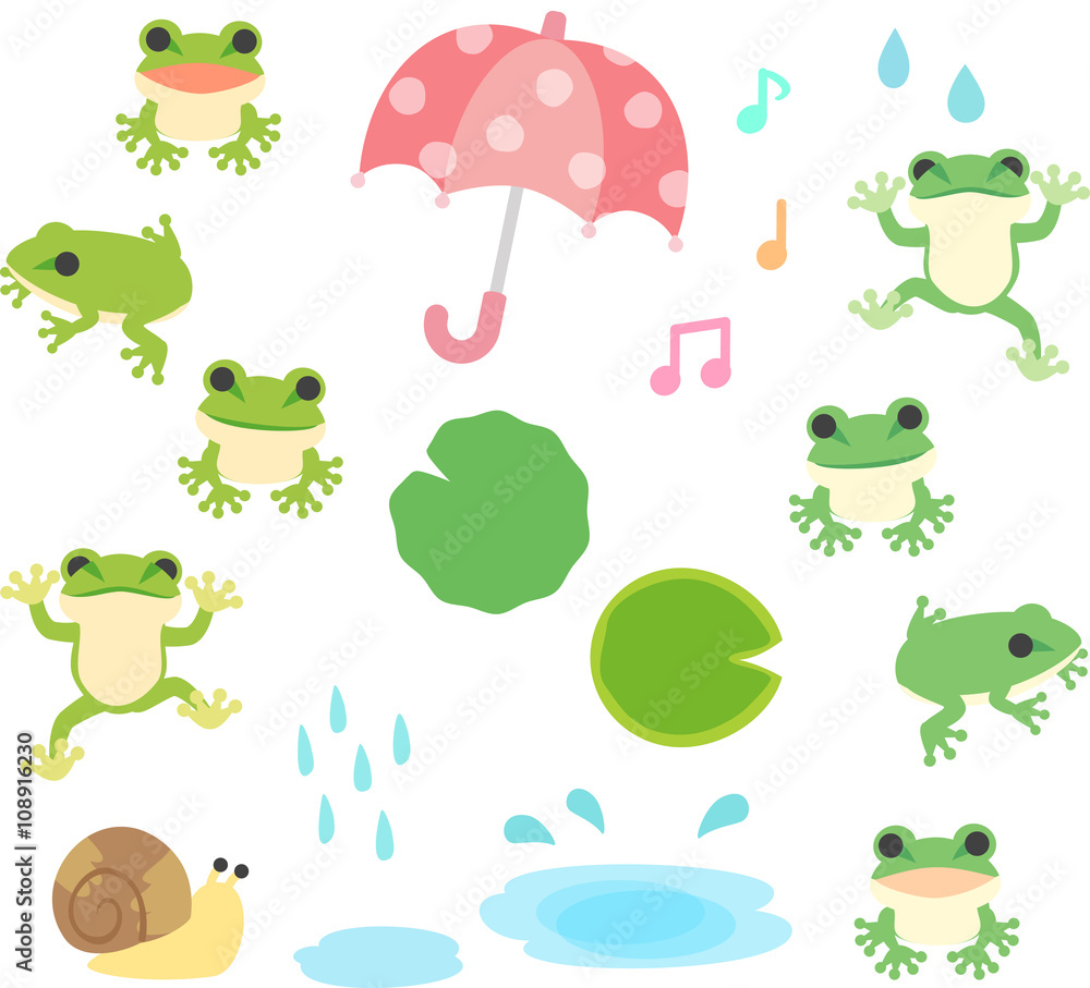 カエルと雨のイラストセット Stock Vector Adobe Stock