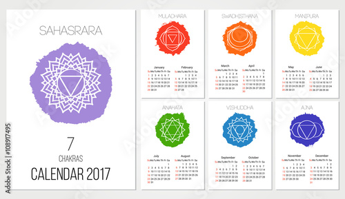 Calendar 2017 design template with 7 chakras set of 12 months vector isolated on white background, the symbol of Hinduism, Buddhism. Hand painted texture. For design, associated with yoga and India.
