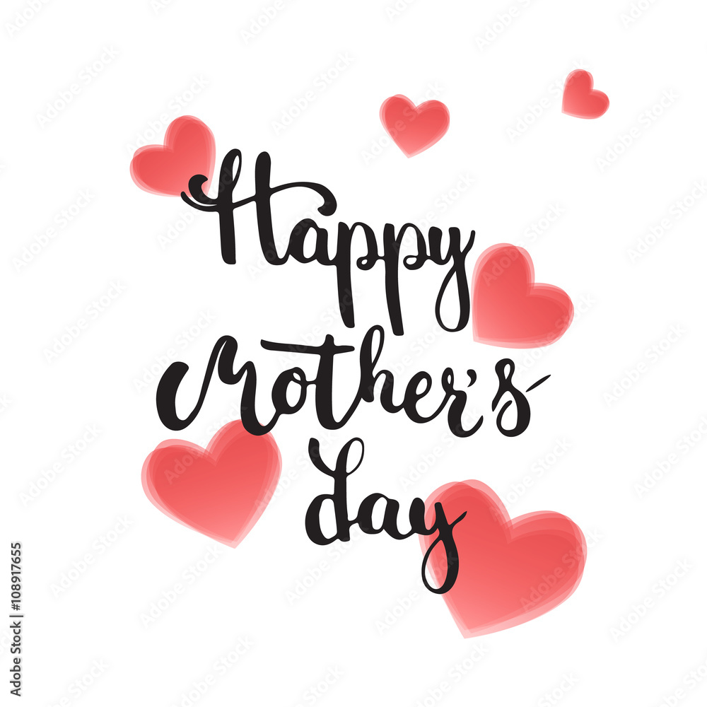 Happy Mother's day greeting card with hearts isolated on the white background. Vector illustration for Mothers Day invitations. Mom's day lettering.