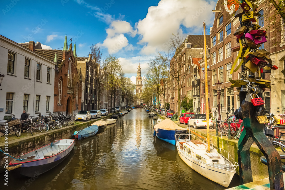 Houses and Boats on Amsterdam Canal