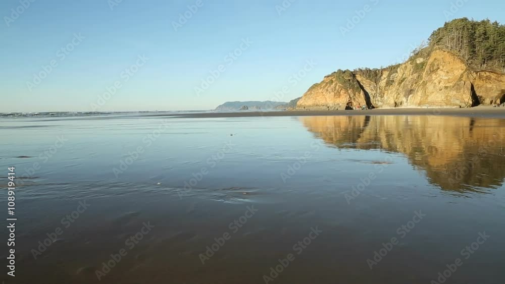 Oregon Coast, Low Tide Beach Reflection. A dolly shot of a sandy beach in Oregon. Pacific Northwest. USA.
Oregon Coast, Low Tide Beach Reflection. A dolly shot of a sandy beach in Oregon. Pacific Northwest. USA.