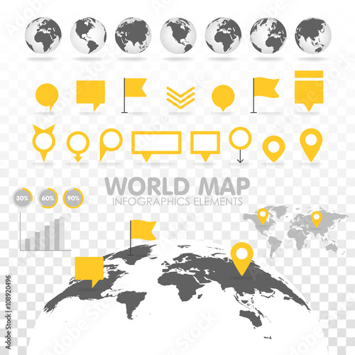 World map 3D with set of infographics elements. 