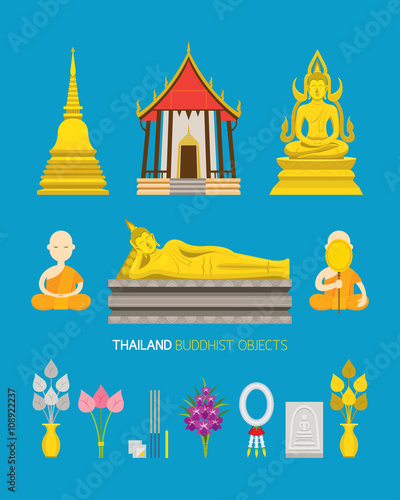 Thailand Buddhist Objects Set, Temple, pagoda, Buddha Image and Monk