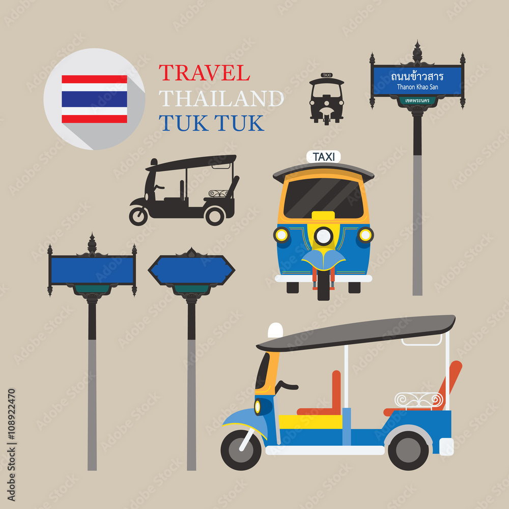 Obraz premium Thailand Tuk Tuk and Side-Street Sign Set, Thailand Taxi, Front and Side View