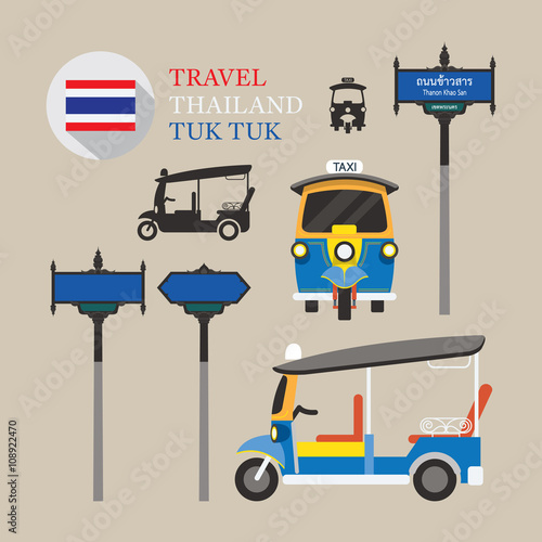 Thailand Tuk Tuk and Side-Street Sign Set, Thailand Taxi, Front and Side View
