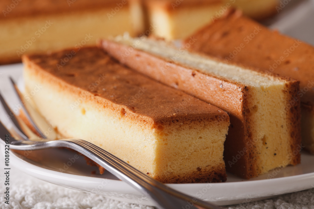 Castella Japanese cake on a plate macro. horizontal
Castella Japanese cake on a plate macro. horizontal