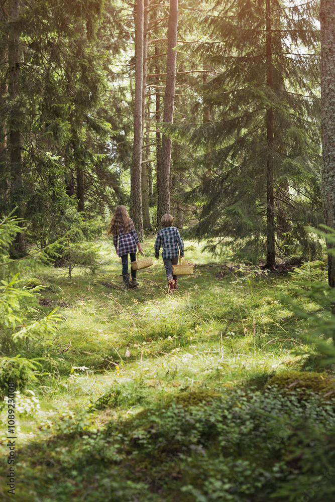 Brother and sister walking with baskets in forest Brother and sister walking with baskets in forest