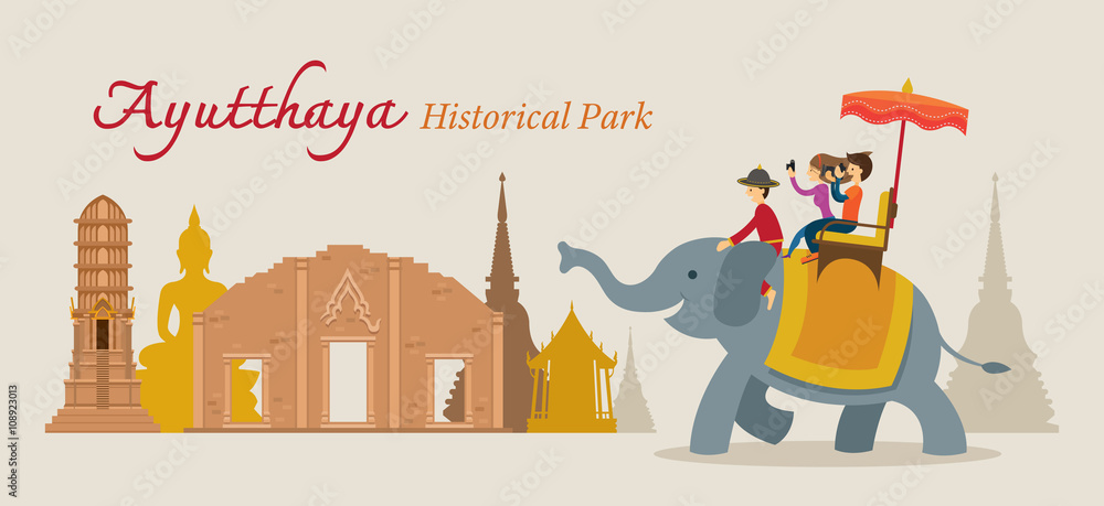 Fototapeta premium Tourist Ride Elephant, Ayutthaya, Thailand, Historical Park, World Heritage, Travel