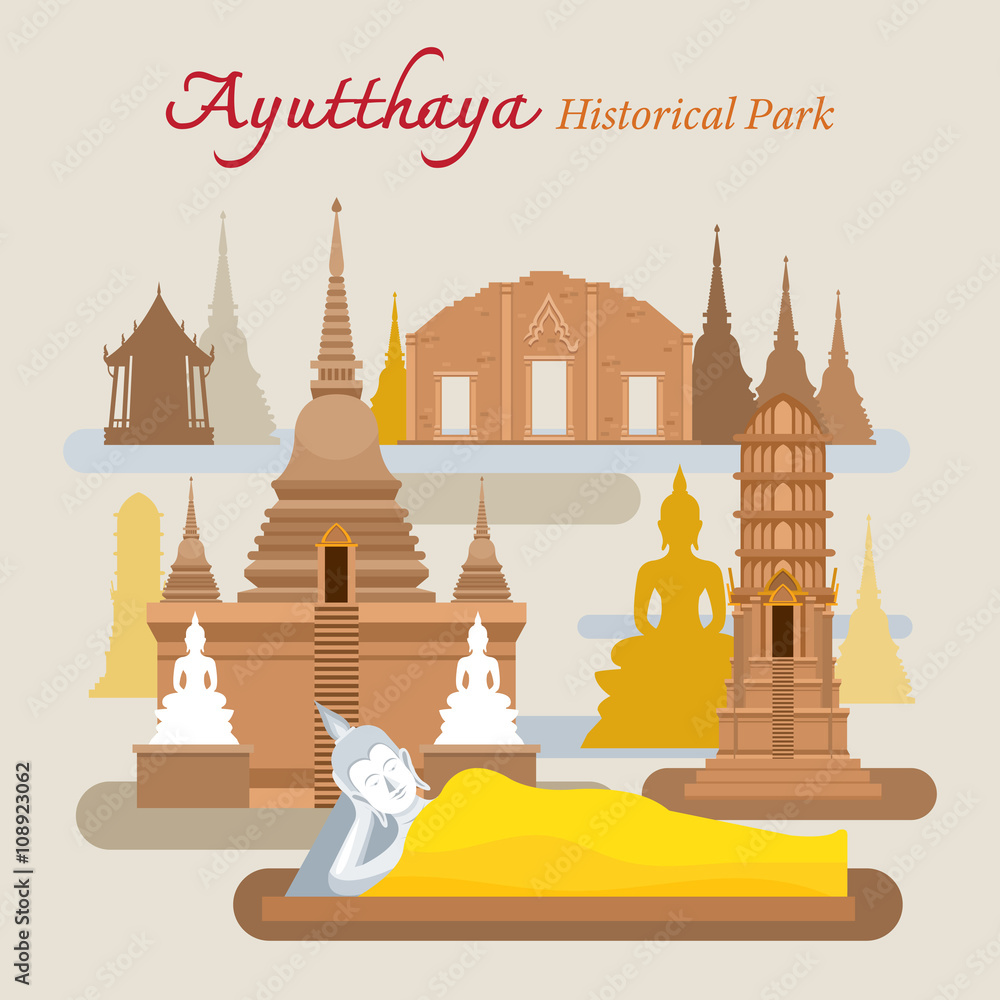 Naklejka premium Ayutthaya, Historical Park, Thailand, World Heritage, Travel, Tourist Attraction