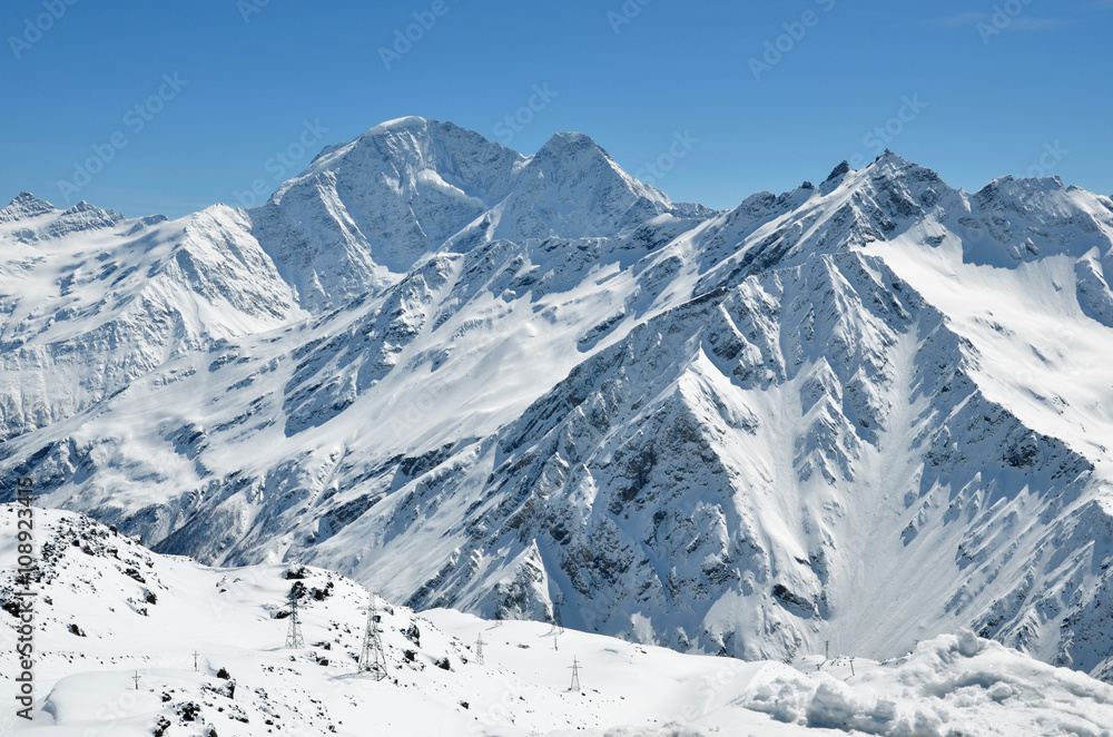 The snow-capped peaks of the Caucasus mountain range