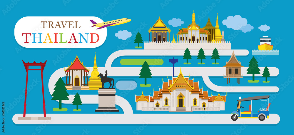 Fototapeta premium Travel Thailand Flat Design Vector, Landmarks, Temple, Tuk Tuk, Map