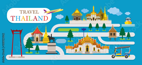 Travel Thailand Flat Design Vector, Landmarks, Temple, Tuk Tuk, Map