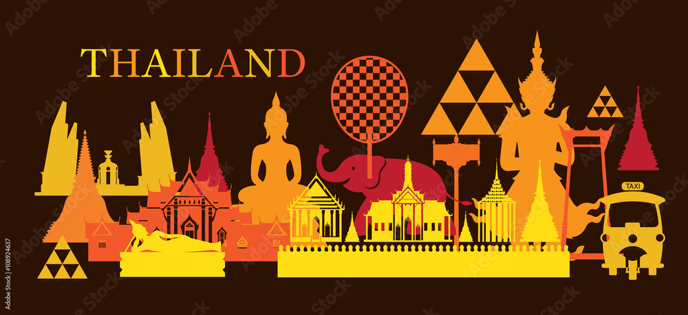 Obraz premium Thailand Landmark Colorful Shapes, Dark Background, Travel Attraction, Traditional Culture