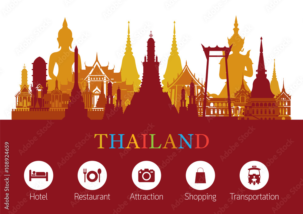 Fototapeta premium Thailand Landmark and Travel Icons, Travel Attraction, Traditional Culture