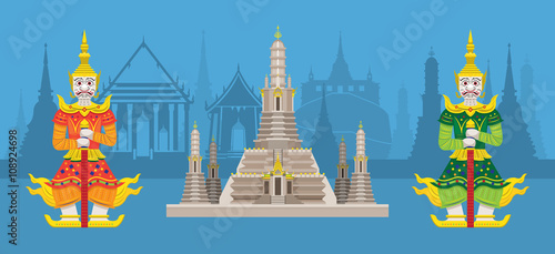 Schilderij op canvas Thailand Giants and Wat Arun (Temple of Dawn), Skyline City Background, Travel A