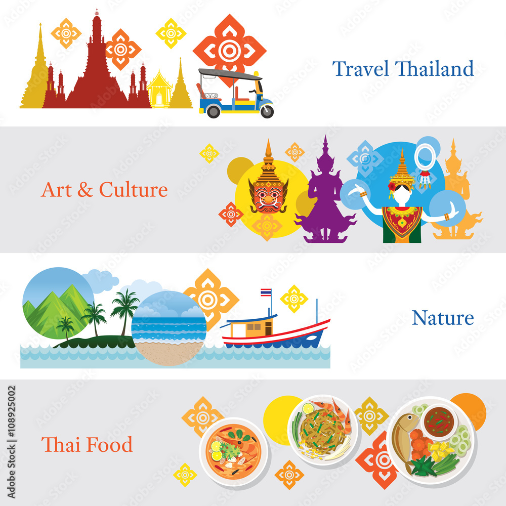 Obraz premium Thailand Travel Banner Concept Set, Attraction, Culture, Nature, Food
