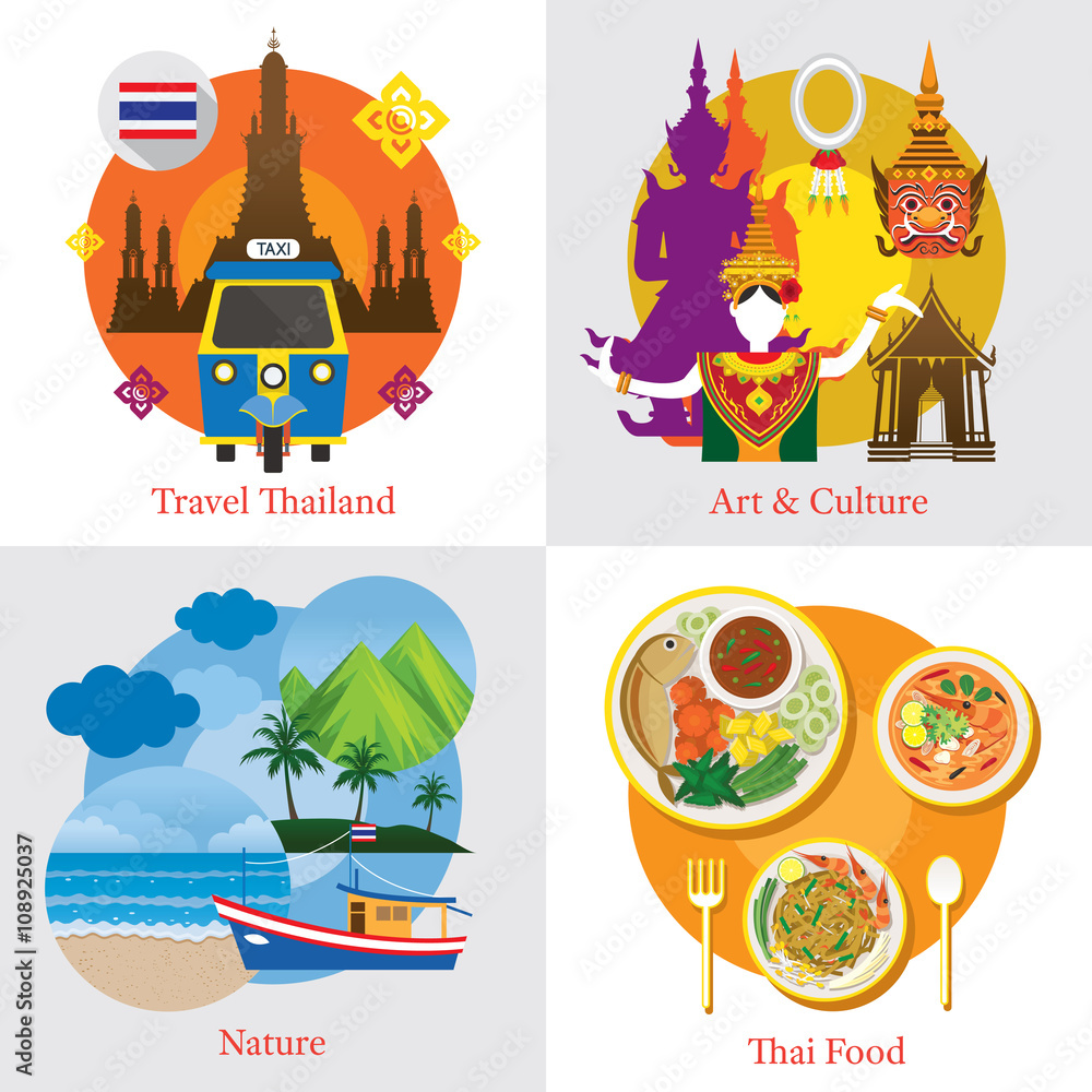 Fototapeta premium Thailand Travel Label Concept Set, Attraction, Culture, Nature, Food