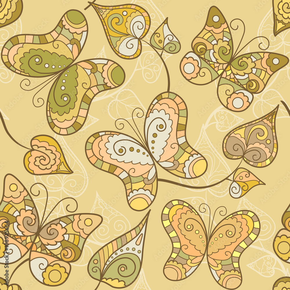 Seamless pattern with lace butterflies and leaves