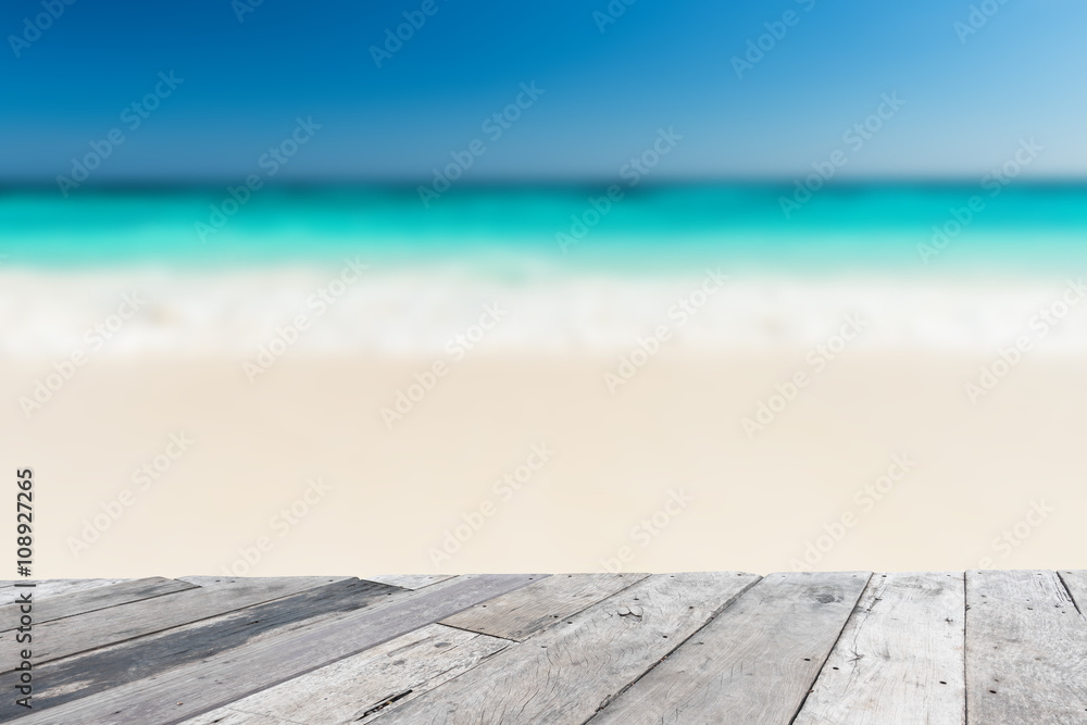 Fototapeta premium Wood floor on blue sea background