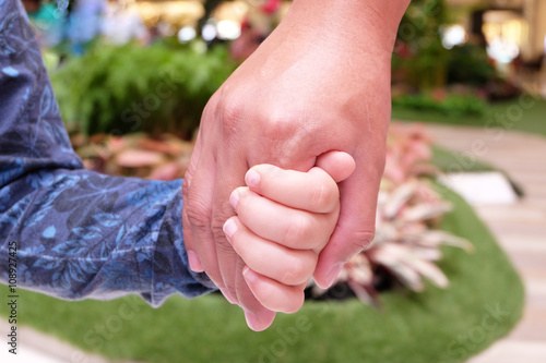 father hand hands son with blue park garden background