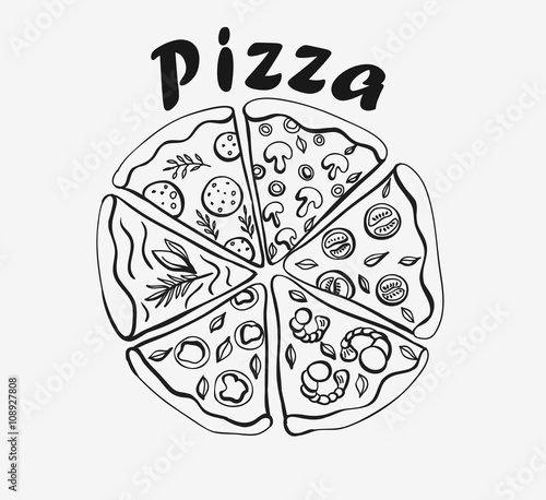 Hand drawn pizza with different slices