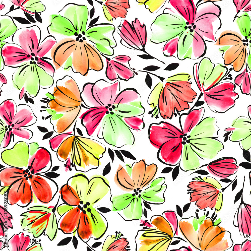 seamless artistic hand drawn flower pattern, graphical, colorful, bright fantasy floral background allover print on white with black outlines seamless artistic hand drawn flower pattern, graphical, colorful, bright fantasy floral background allover print on white with black outlines