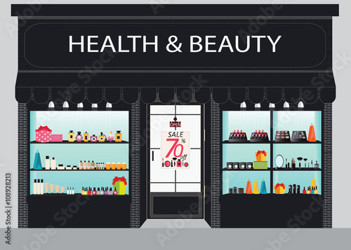 Cosmetics store building and interior with products on shelves.