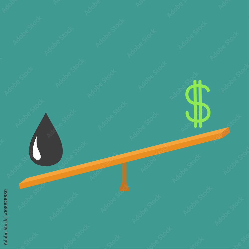 Balance between oil and dollar. Dollar sign and oil drop on scale board. Seesaw icon. Business infographic. Green background. Isolated. Up down money value concept. Flat design Balance between oil and dollar. Dollar sign and oil drop on scale board. Seesaw icon. Business infographic. Green background. Isolated. Up down money value concept. Flat design