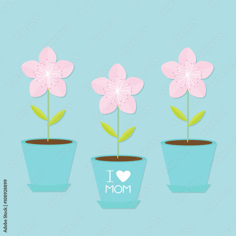Sakura flower pot set. Japan blooming cherry blossom. Blue background I love mom Happy mothers day Text with heart sign Greeting card Flat design style