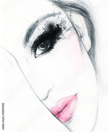 Abstract fashion watercolor illustration. Beautiful woman face. 