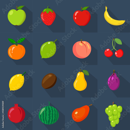 Set of flat icons. Fresh  natural fruits. Dark blue background.