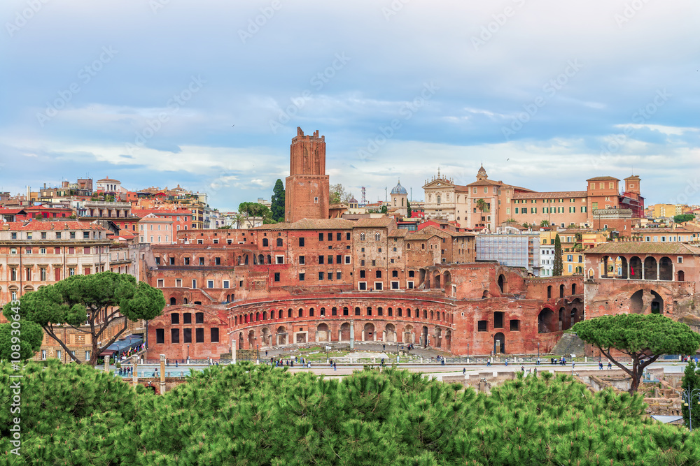 ​Aerial panoramic view on Trajan's Market (Mercati Traianei on the Via dei Fori Imperiali ) from Altar of the Fatherland. Market is part of ancient Rome Forum ( Forum Romanum ). Rome. Italy. Europe.