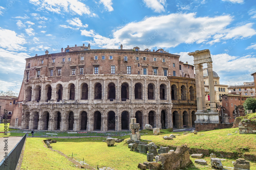 Beautiful panoramic view on the ancient Theatre of Marcellus( Teatro di Marcello ) at sunny day. Scenic architectural and natural landscape Rome.Italy.Europe.
