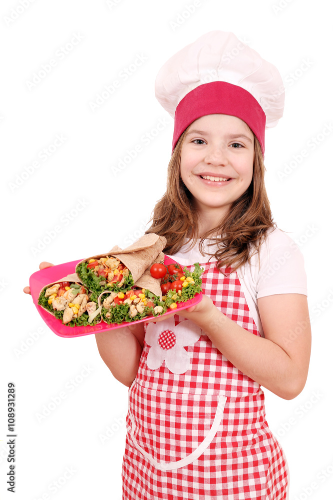 happy little girl cook with burritos on plate happy little girl cook with burritos on plate