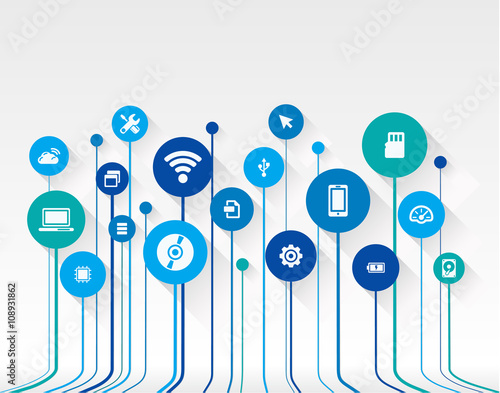 Abstract technology background with lines, circles and flat icons. Growth concept contains mobile phone, technology, laptop, cloud computing, usb, pad and router icons. Vector illustration.