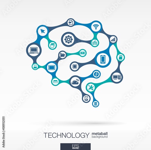 Abstract technology background with connected metaball and integrated circles. Brain concept with network, computer, technology, digital, computing icons. Vector interactive illustration