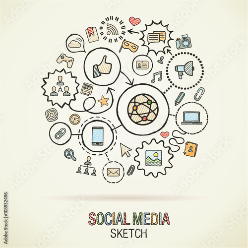 Social media hand drawing hatch icons. Vector doodle integrated pictogram set. Sketch infographic illustration on paper. internet, digital, marketing, connect, technology, global connected concepts