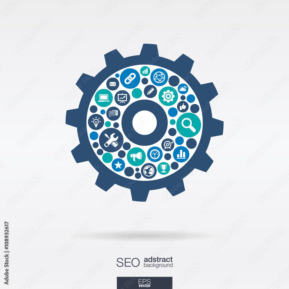 Color circles, flat icons in an cogwheel shape, technology, SEO, network, digital, analytics, data and market mechanism concepts. Abstract background with connected objects. Vector illustration.