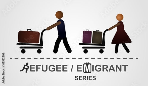 The man and woman move with luggage on the cart. Illustration created on the grey background. Emigrant / refugee series